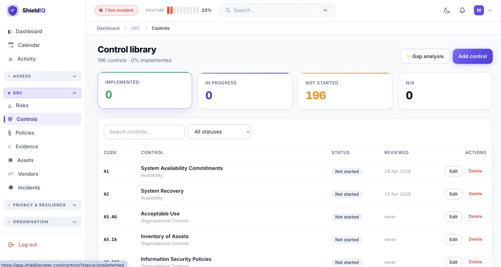 ShieldIQ control library: cross-framework controls with status and evidence