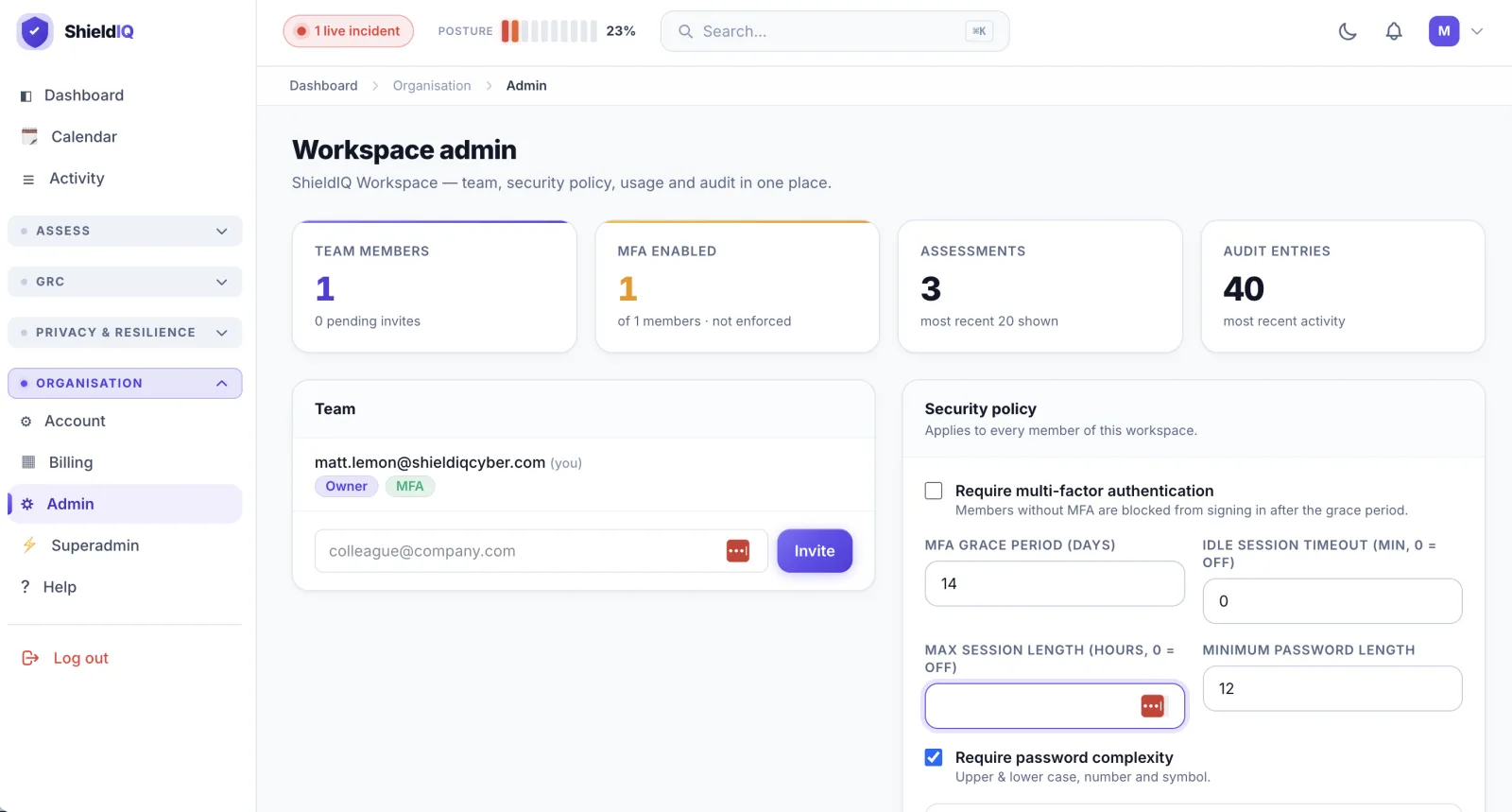 ShieldIQ workspace admin: team, security policy and audit trail